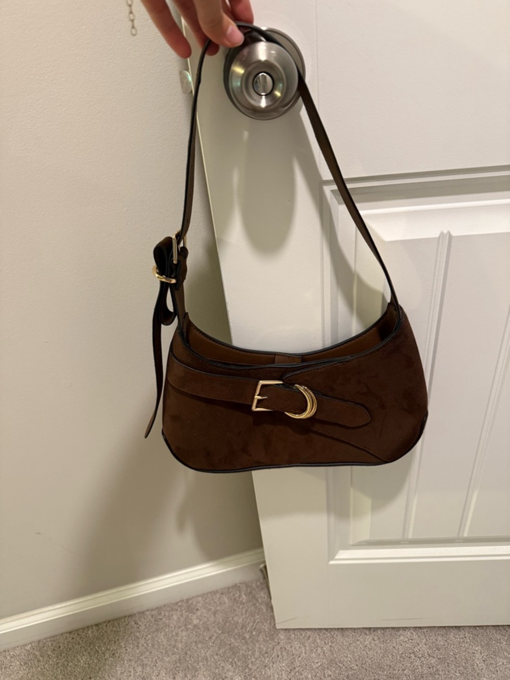Classic Brown Suede Shoulder Bag with Gold Buckle